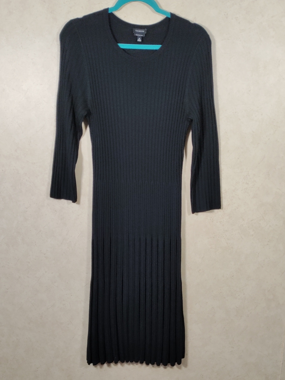 J134 Talbots Black Ribbed Knit 100% Merino Wool Midi Dress M